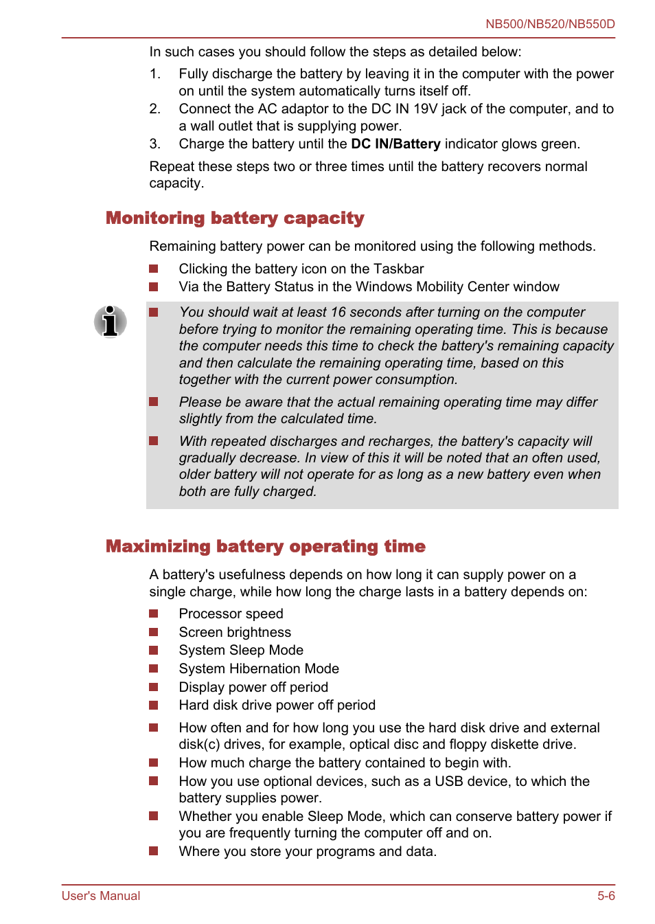 Monitoring battery capacity, Maximizing battery operating time | Toshiba NB550D User Manual | Page 89 / 135