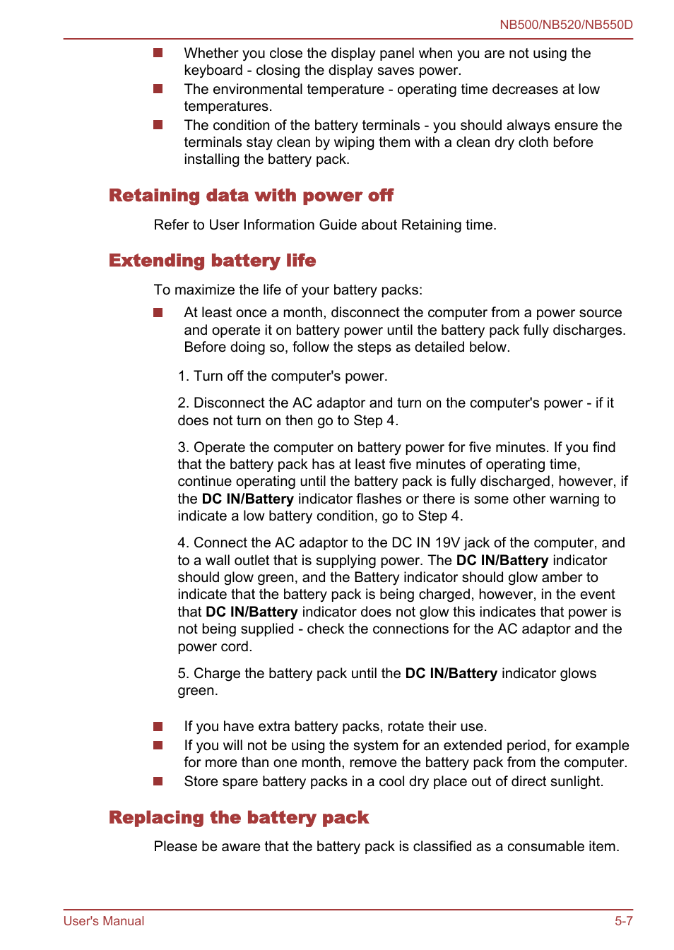 Retaining data with power off, Extending battery life, Replacing the battery pack | Section in | Toshiba NB550D User Manual | Page 90 / 135