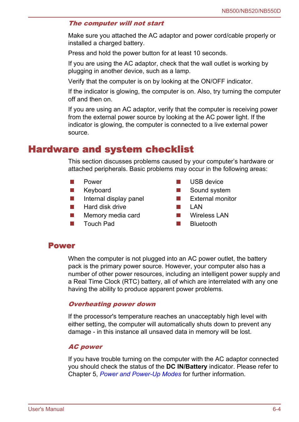 Hardware and system checklist, Power, Hardware and system checklist -4 | Toshiba NB550D User Manual | Page 97 / 135