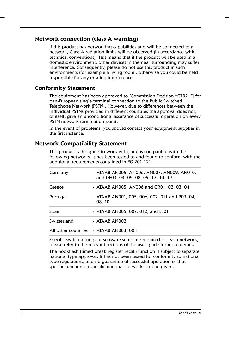 Network connection (class a warning), Conformity statement, Network compatibility statement | Toshiba Satellite 2650 User Manual | Page 10 / 208