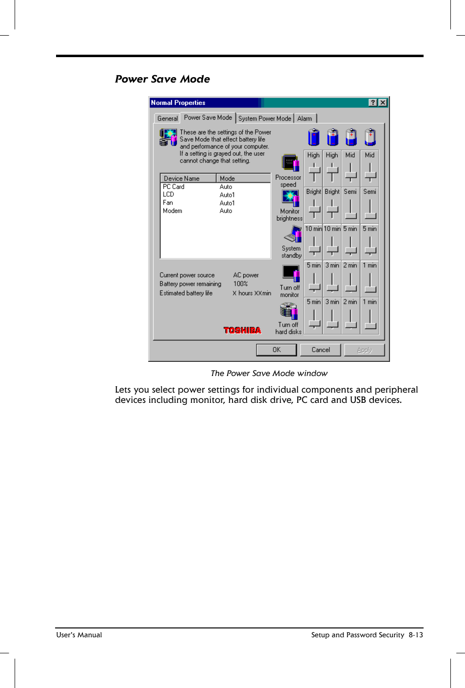 Power save mode | Toshiba Satellite 2650 User Manual | Page 104 / 208