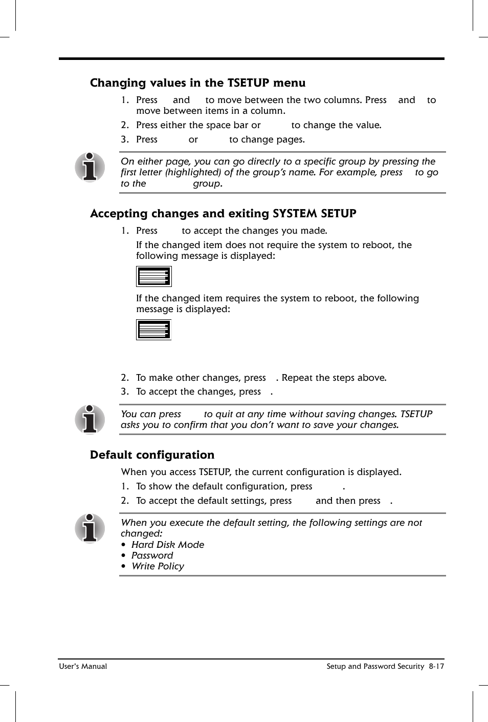 Changing values in the tsetup menu, Accepting changes and exiting system setup, Default configuration | Toshiba Satellite 2650 User Manual | Page 108 / 208