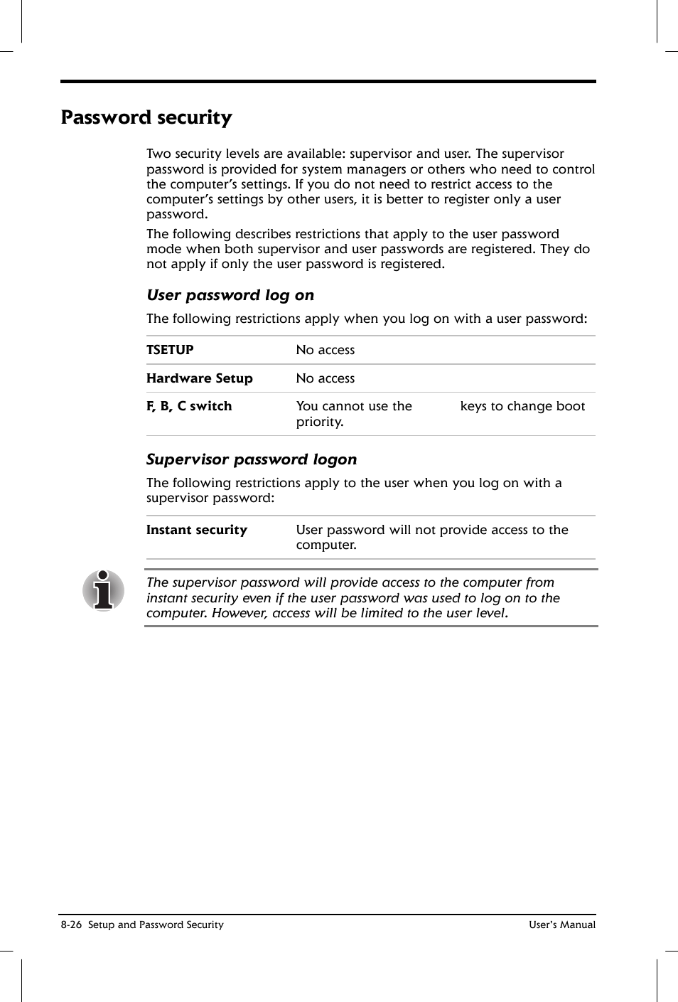 Password security | Toshiba Satellite 2650 User Manual | Page 117 / 208