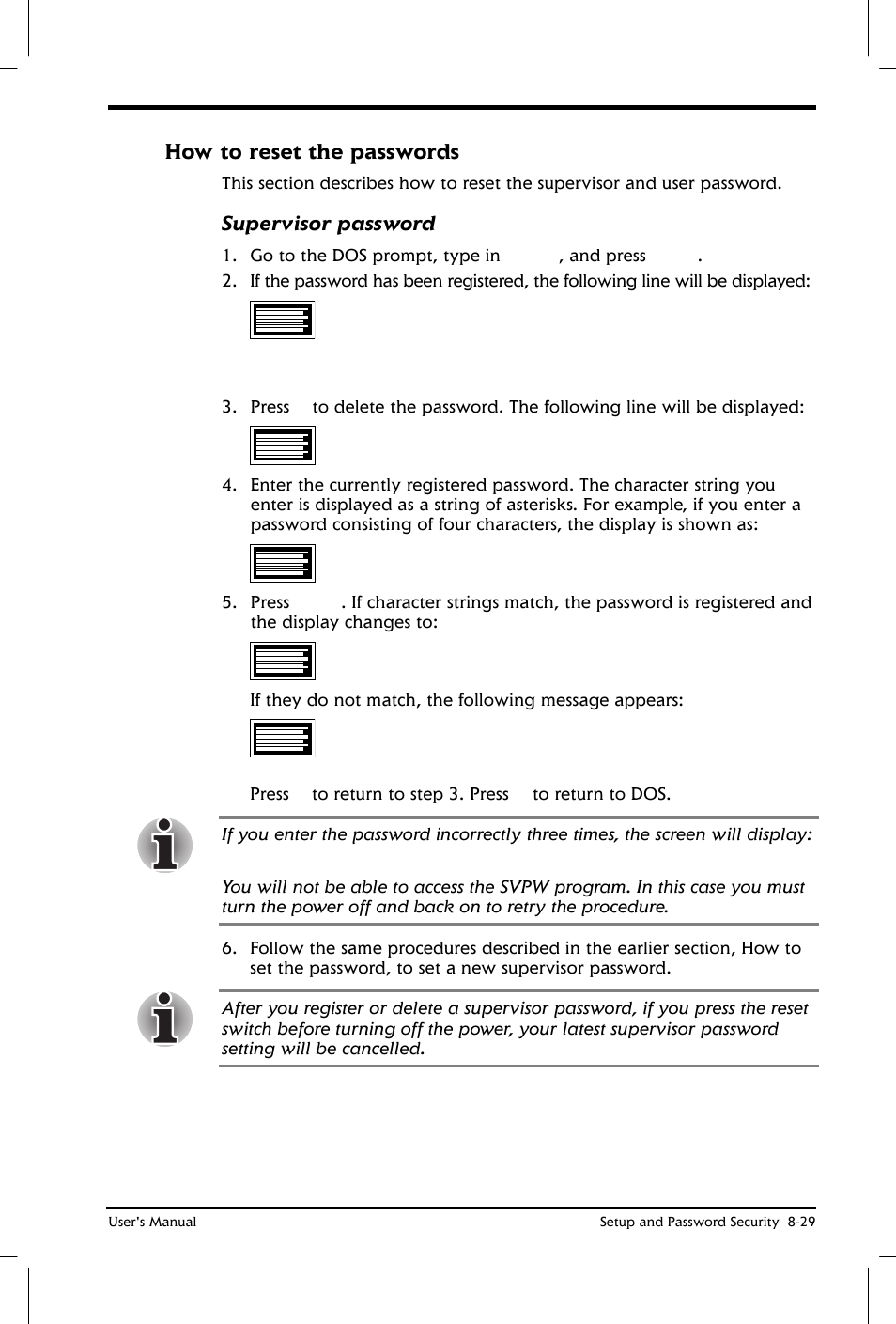 How to reset the passwords | Toshiba Satellite 2650 User Manual | Page 120 / 208