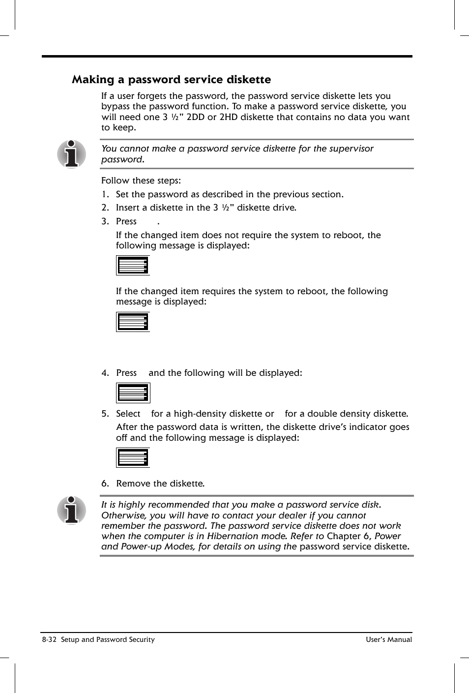 Making a password service diskette | Toshiba Satellite 2650 User Manual | Page 123 / 208