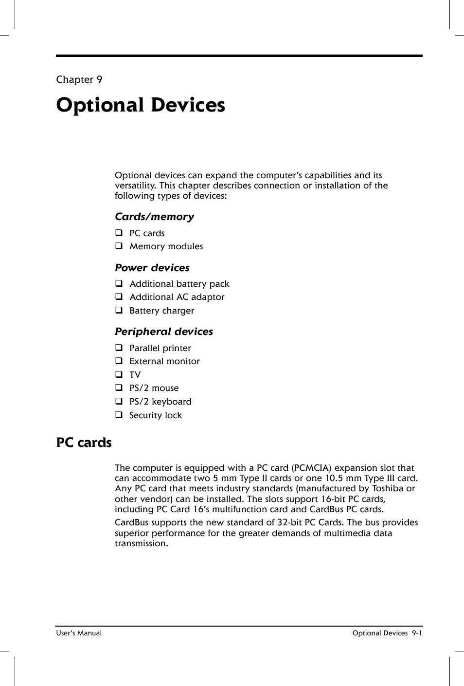 Optional devices, Pc cards | Toshiba Satellite 2650 User Manual | Page 125 / 208