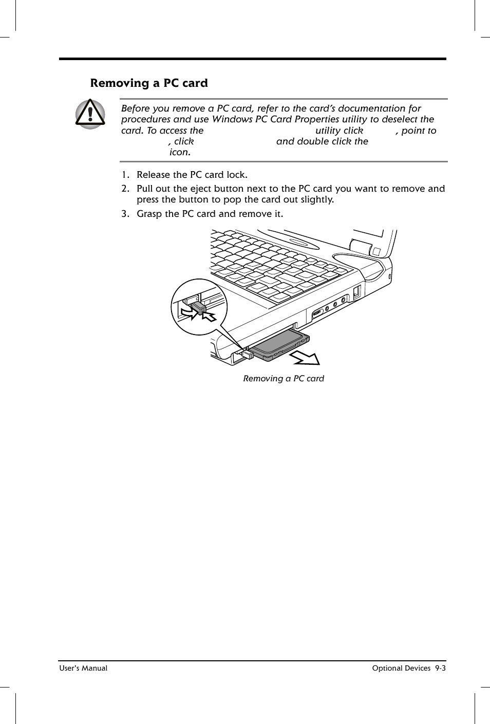 Removing a pc card | Toshiba Satellite 2650 User Manual | Page 127 / 208