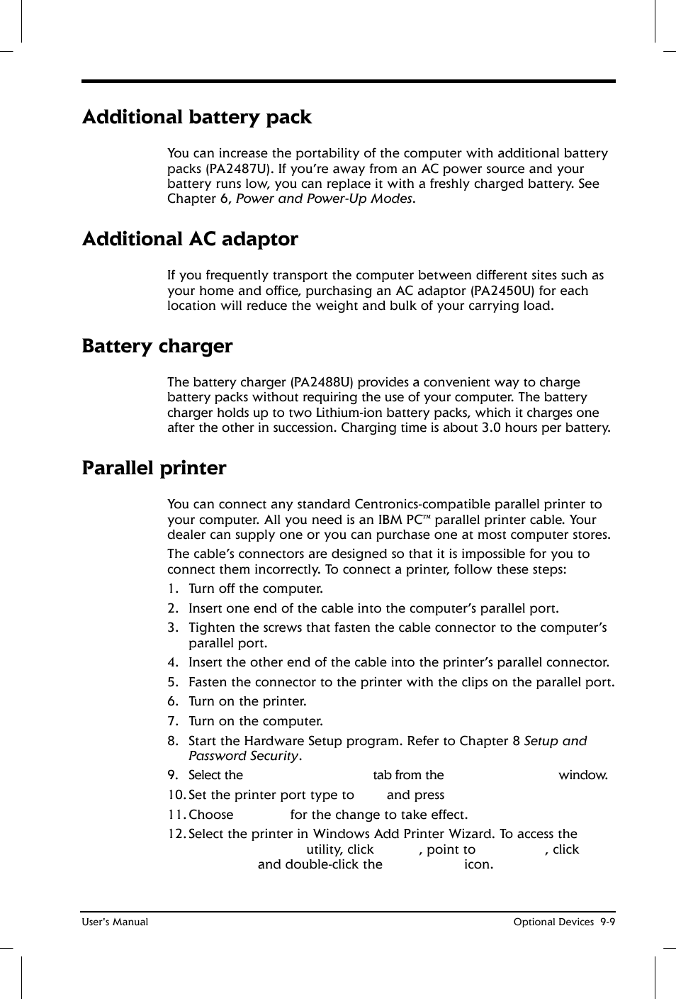 Additional battery pack, Additional ac adaptor, Battery charger | Parallel printer | Toshiba Satellite 2650 User Manual | Page 133 / 208