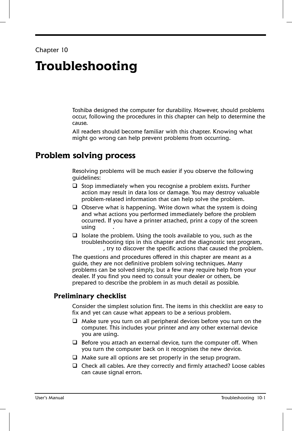 Troubleshooting, Problem solving process | Toshiba Satellite 2650 User Manual | Page 137 / 208