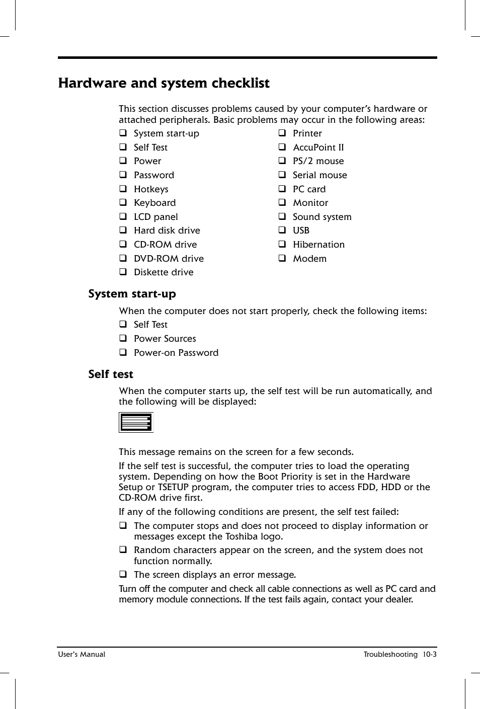 Hardware and system checklist, System start-up, Self test | Toshiba Satellite 2650 User Manual | Page 139 / 208