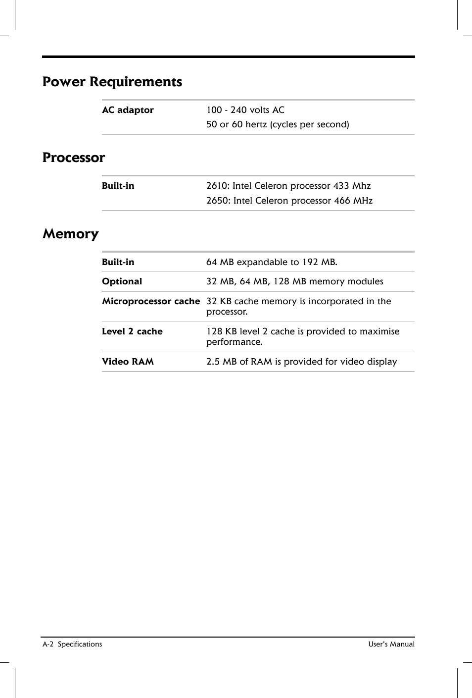 Power requirements, Processor | Toshiba Satellite 2650 User Manual | Page 163 / 208