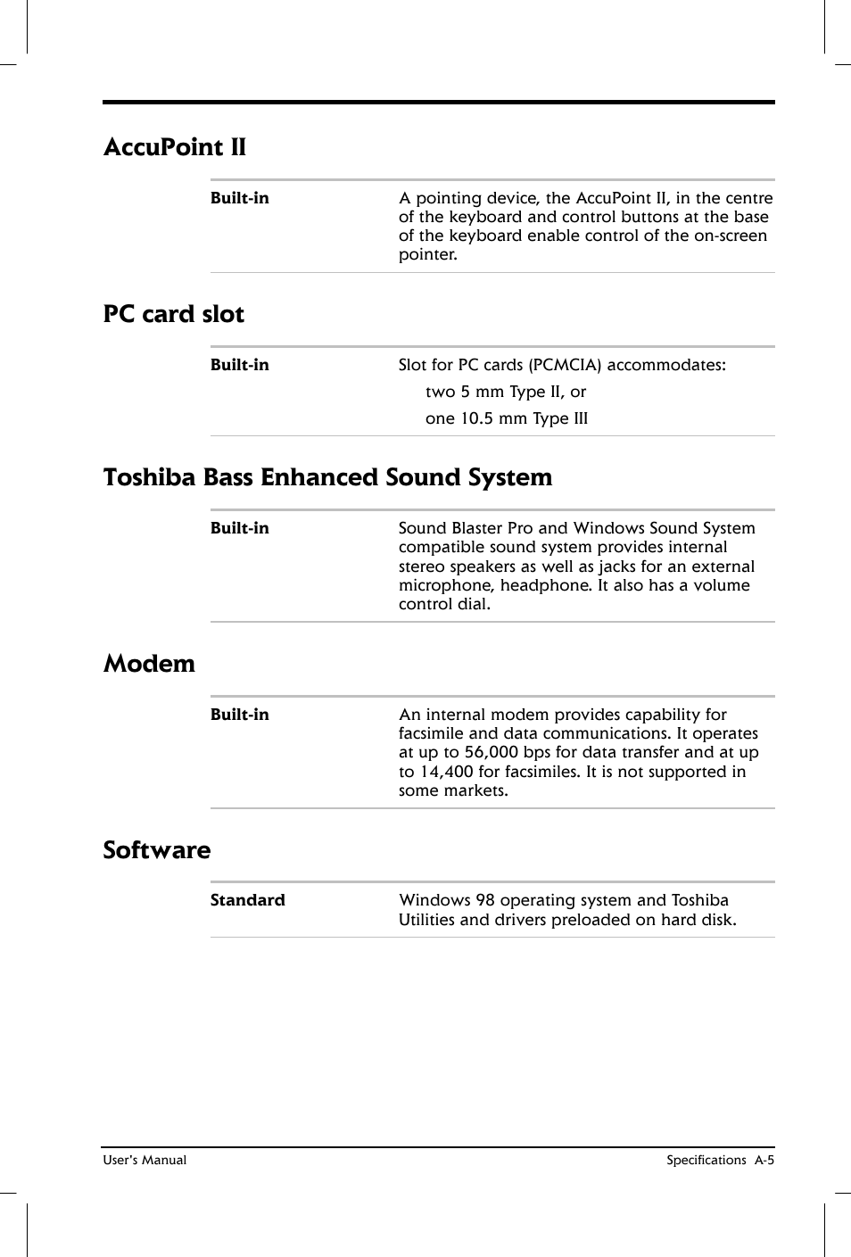 Accupoint ii, Pc card slot, Toshiba bass enhanced sound system | Modem, Software | Toshiba Satellite 2650 User Manual | Page 166 / 208