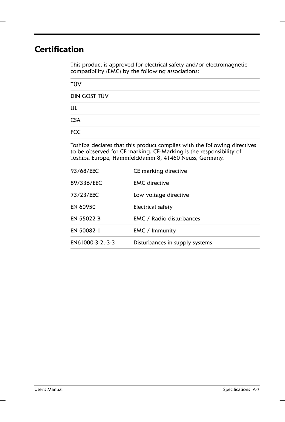 Certification | Toshiba Satellite 2650 User Manual | Page 168 / 208