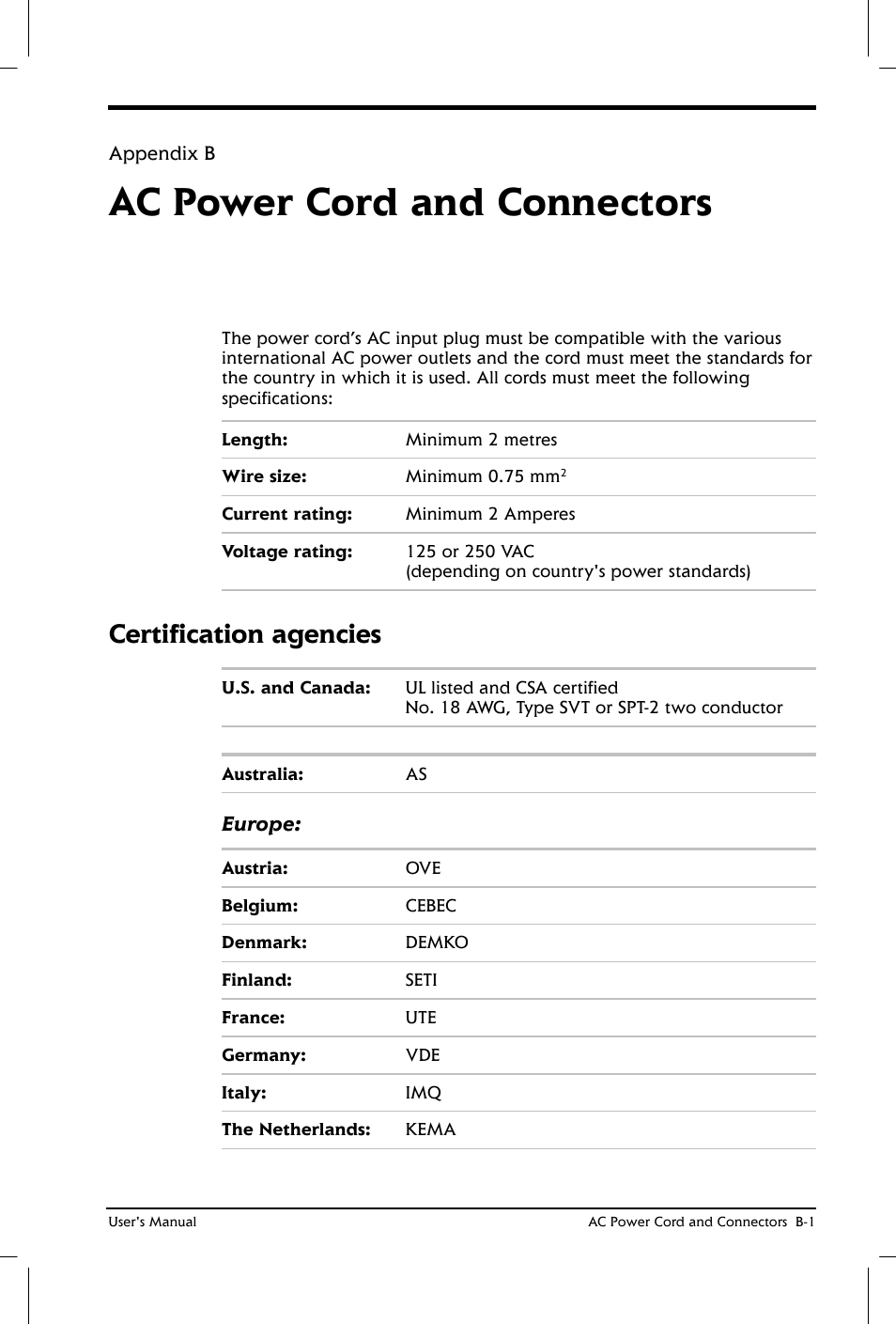 Ac power cord and connectors, Certification agencies | Toshiba Satellite 2650 User Manual | Page 169 / 208