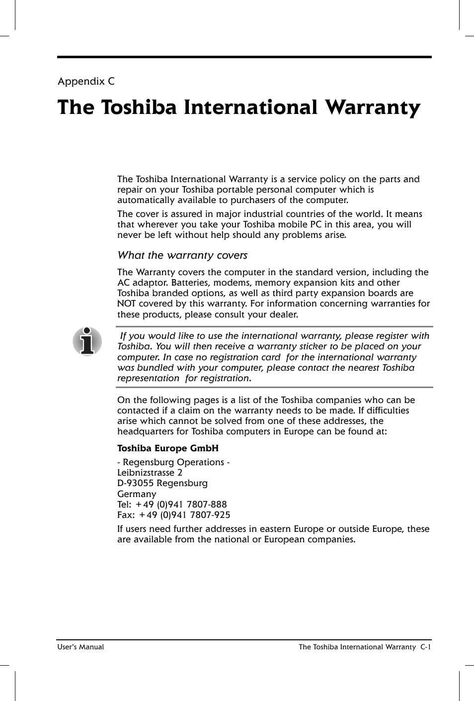 The toshiba international warranty | Toshiba Satellite 2650 User Manual | Page 171 / 208