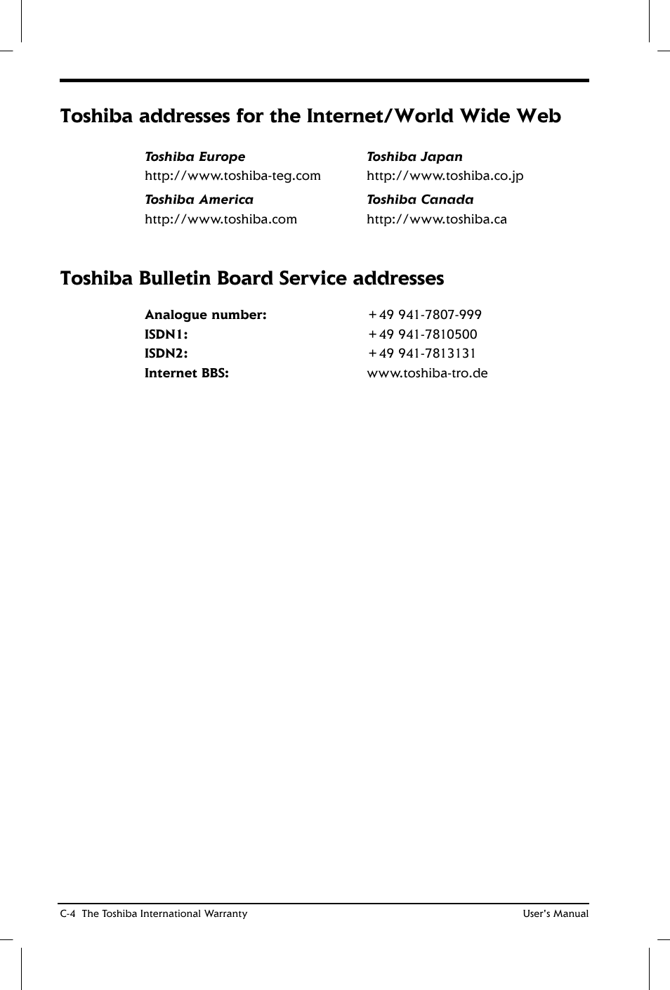 Toshiba addresses for the internet/world wide web, Toshiba bulletin board service addresses | Toshiba Satellite 2650 User Manual | Page 174 / 208