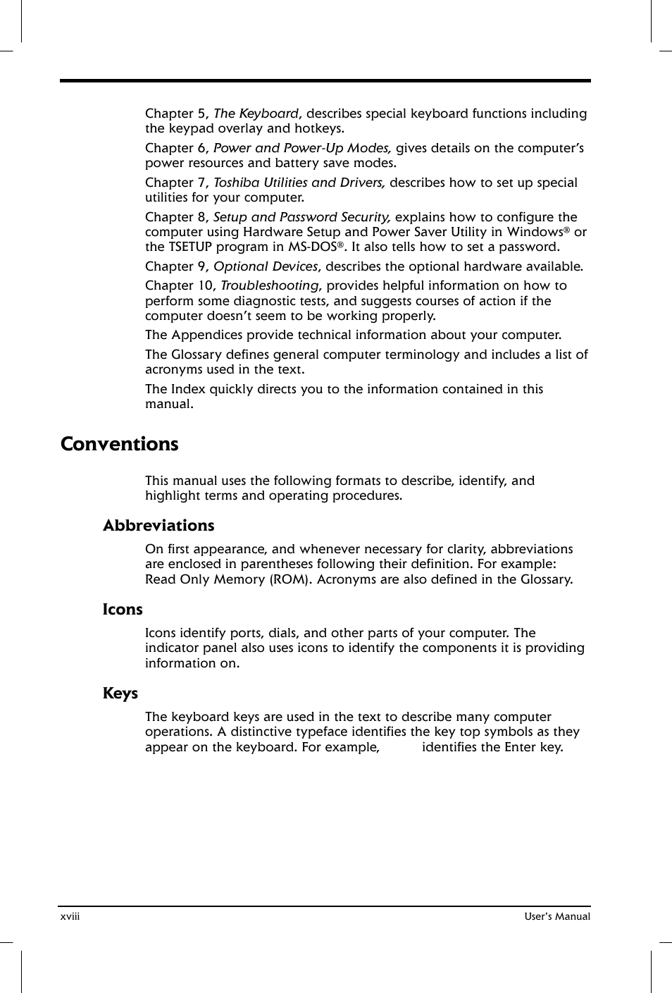 Conventions, Abbreviations, Icons | Keys | Toshiba Satellite 2650 User Manual | Page 18 / 208