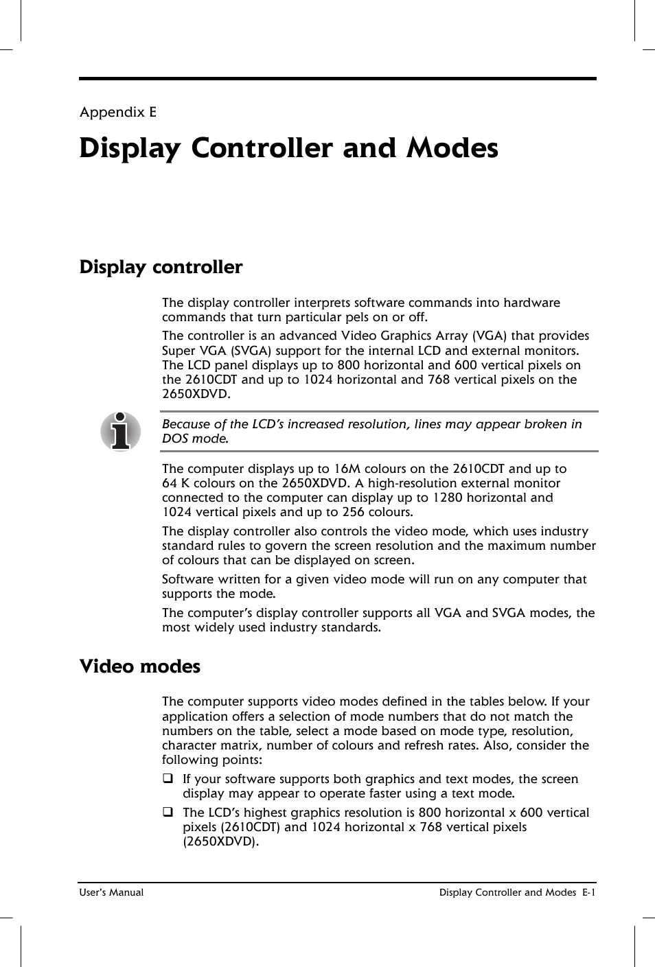 Display controller and modes, Display controller, Video modes | Toshiba Satellite 2650 User Manual | Page 180 / 208