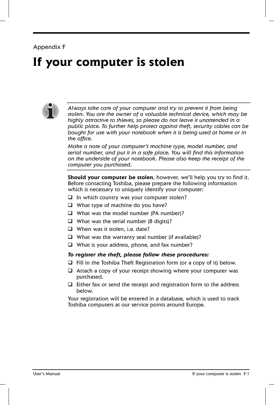 If your computer is stolen | Toshiba Satellite 2650 User Manual | Page 183 / 208