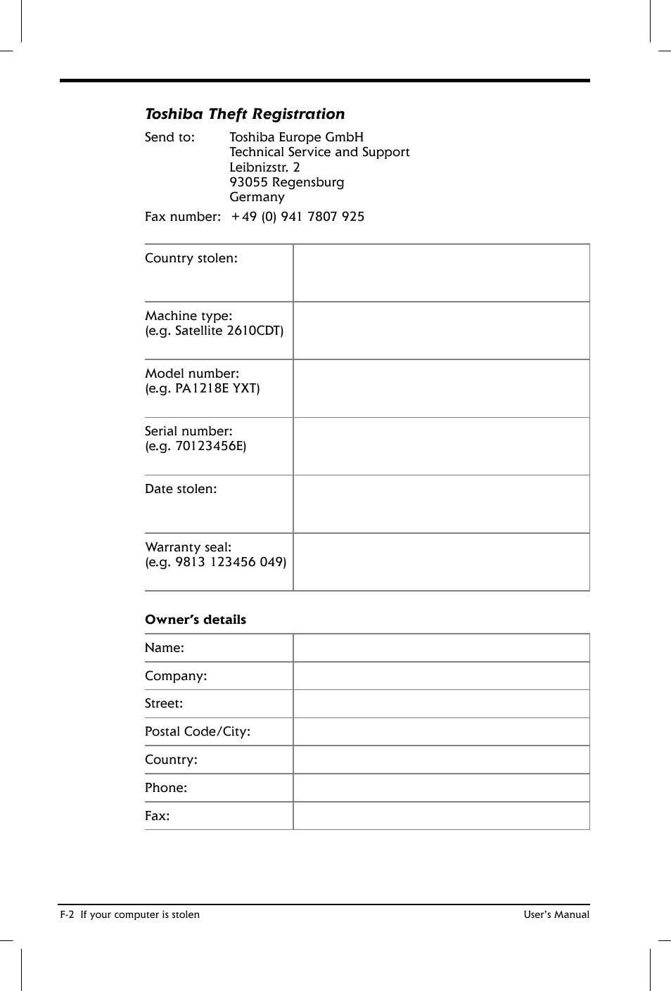 Toshiba theft registration | Toshiba Satellite 2650 User Manual | Page 184 / 208