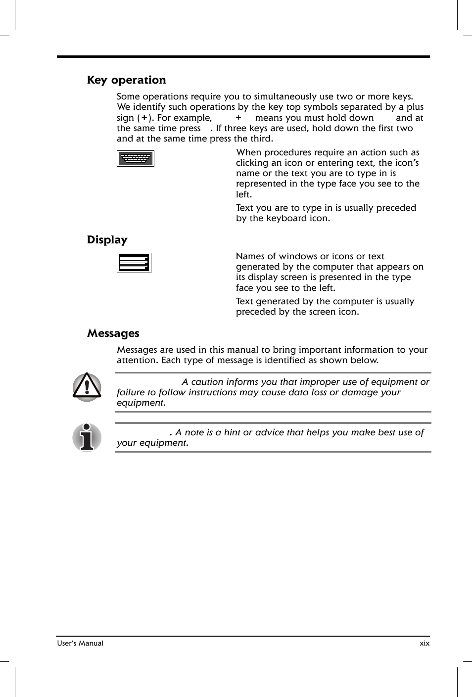 Key operation, Display, Messages | Toshiba Satellite 2650 User Manual | Page 19 / 208