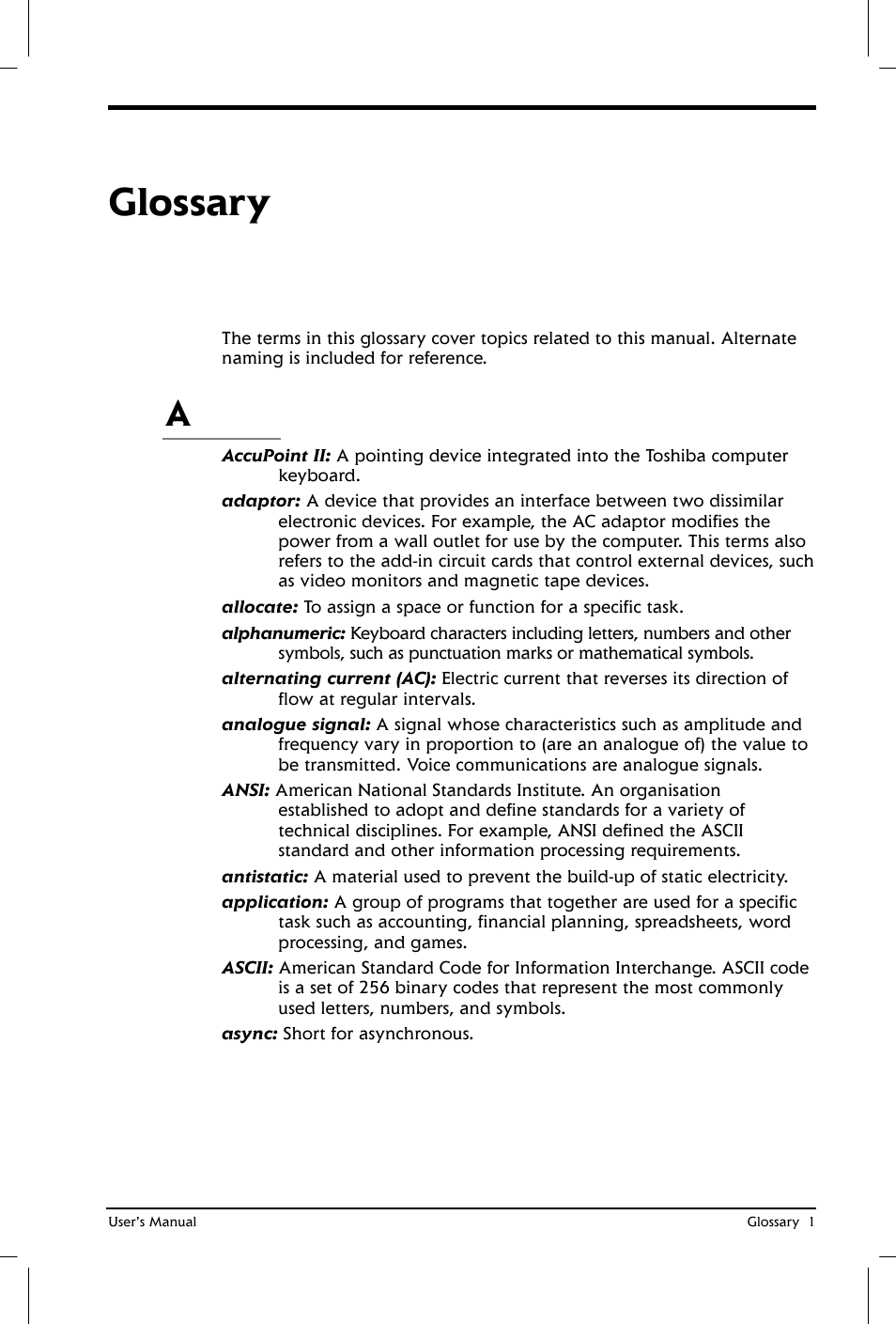 Glossary | Toshiba Satellite 2650 User Manual | Page 191 / 208