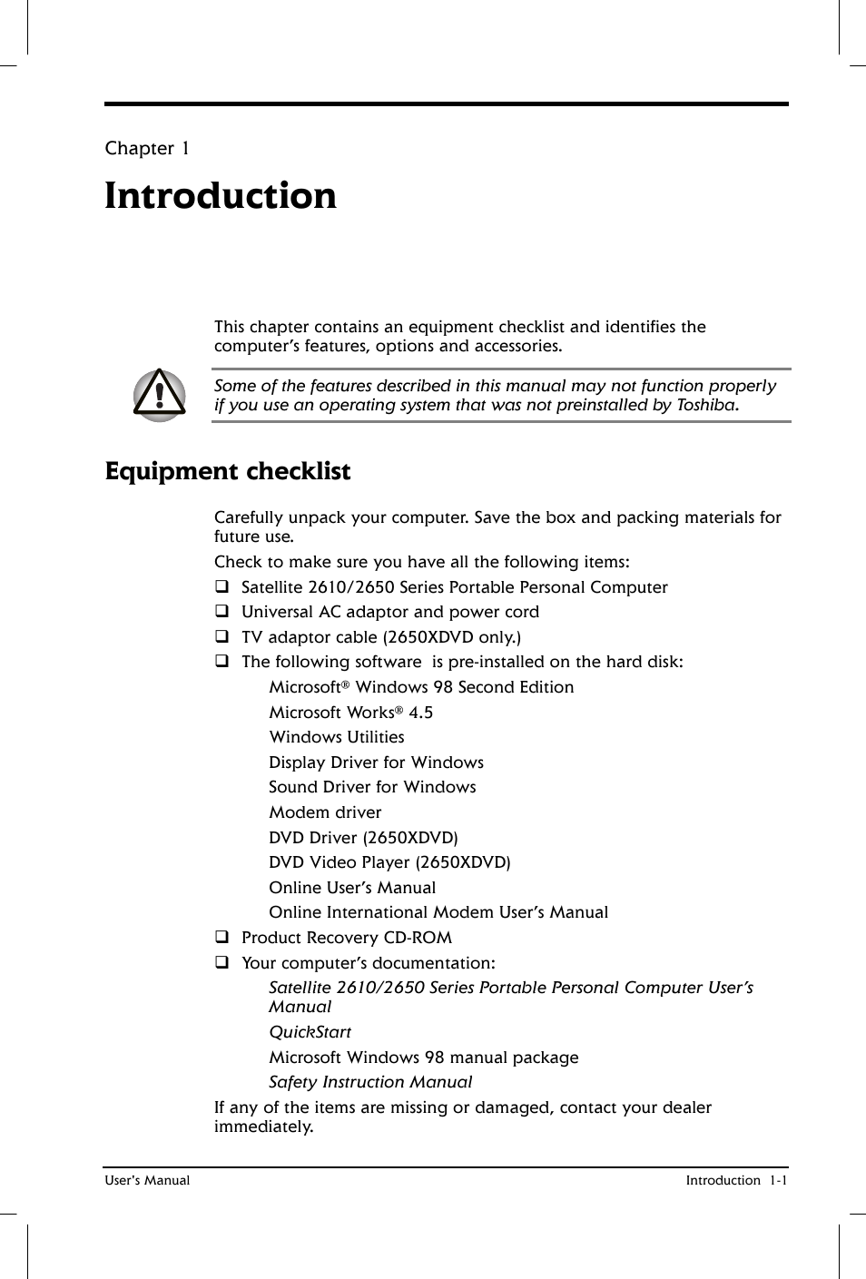 Introduction, Equipment checklist | Toshiba Satellite 2650 User Manual | Page 20 / 208