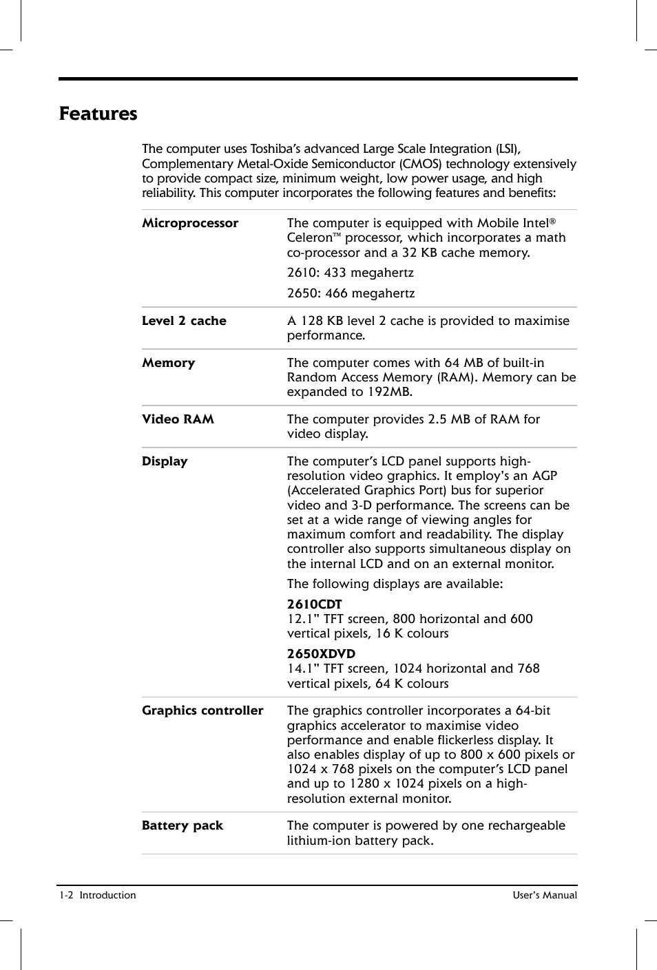 Features | Toshiba Satellite 2650 User Manual | Page 21 / 208