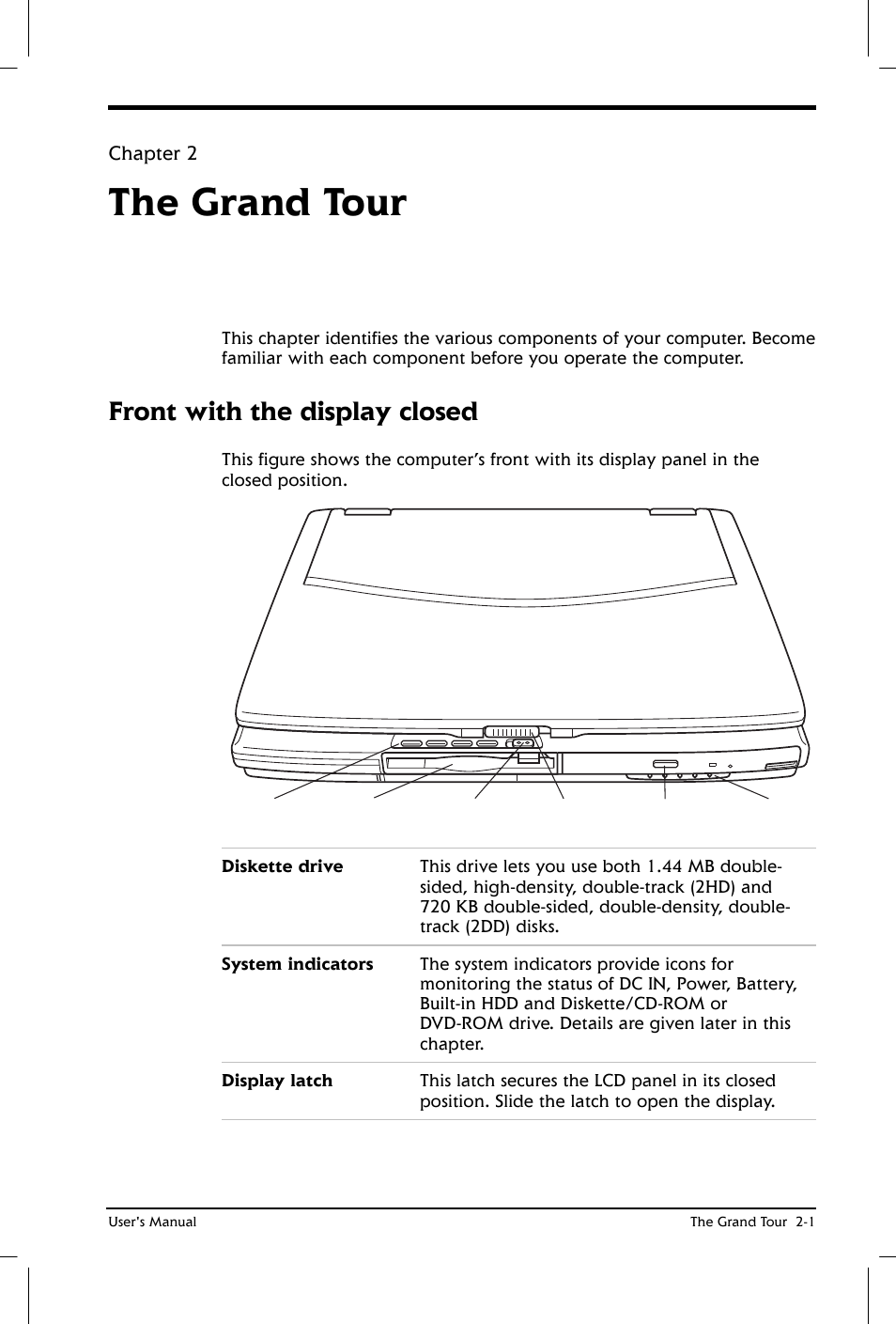 The grand tour, Front with the display closed, Chapter 2 | Toshiba Satellite 2650 User Manual | Page 29 / 208