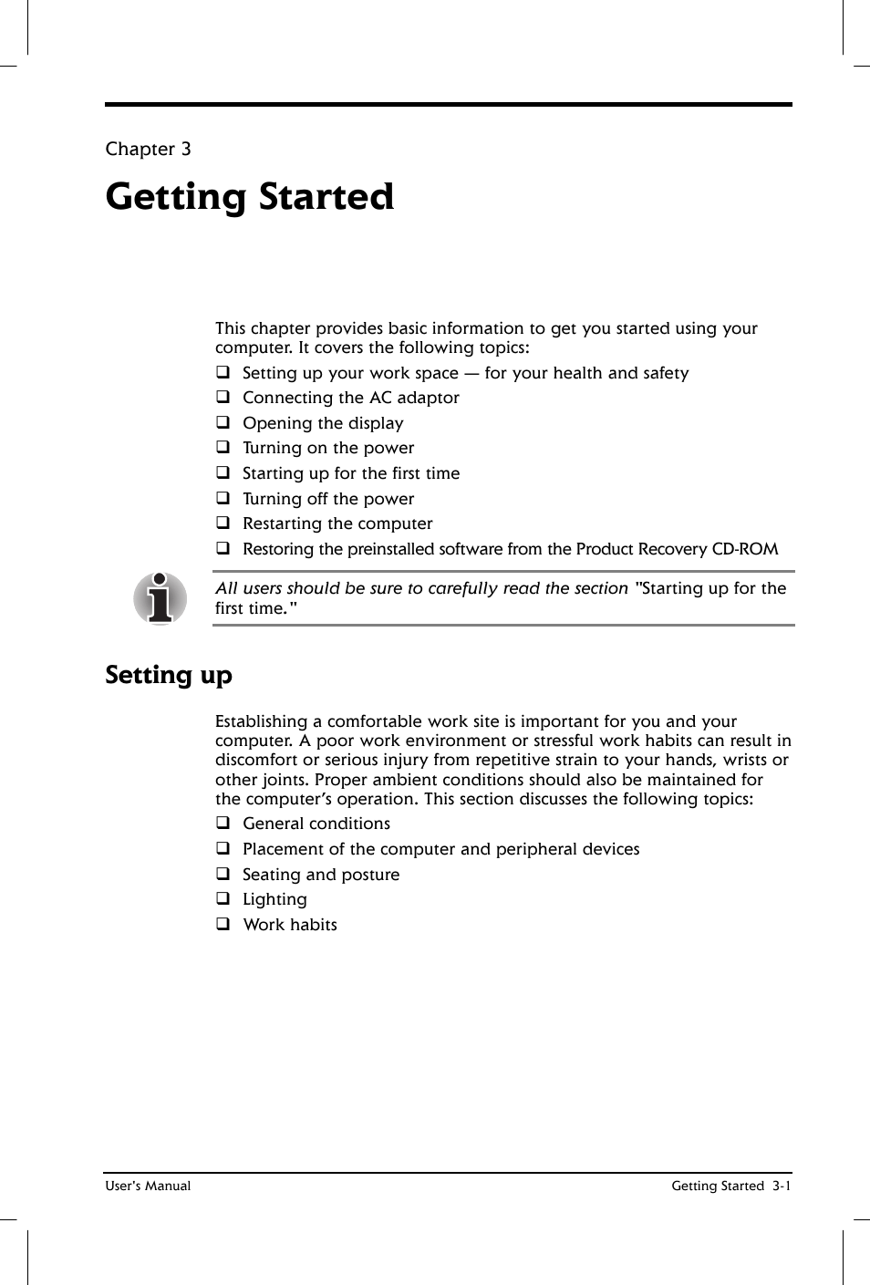 Getting started, Setting up | Toshiba Satellite 2650 User Manual | Page 44 / 208