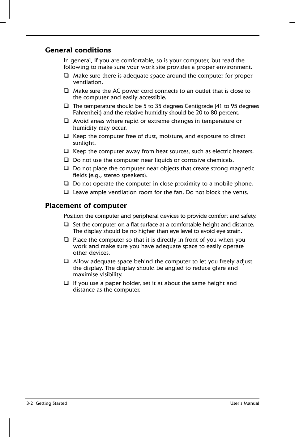 General conditions, Placement of computer | Toshiba Satellite 2650 User Manual | Page 45 / 208