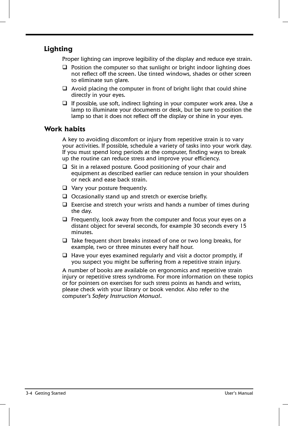 Lighting, Work habits | Toshiba Satellite 2650 User Manual | Page 47 / 208