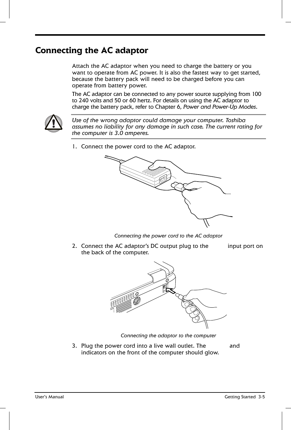 Connecting the ac adaptor | Toshiba Satellite 2650 User Manual | Page 48 / 208