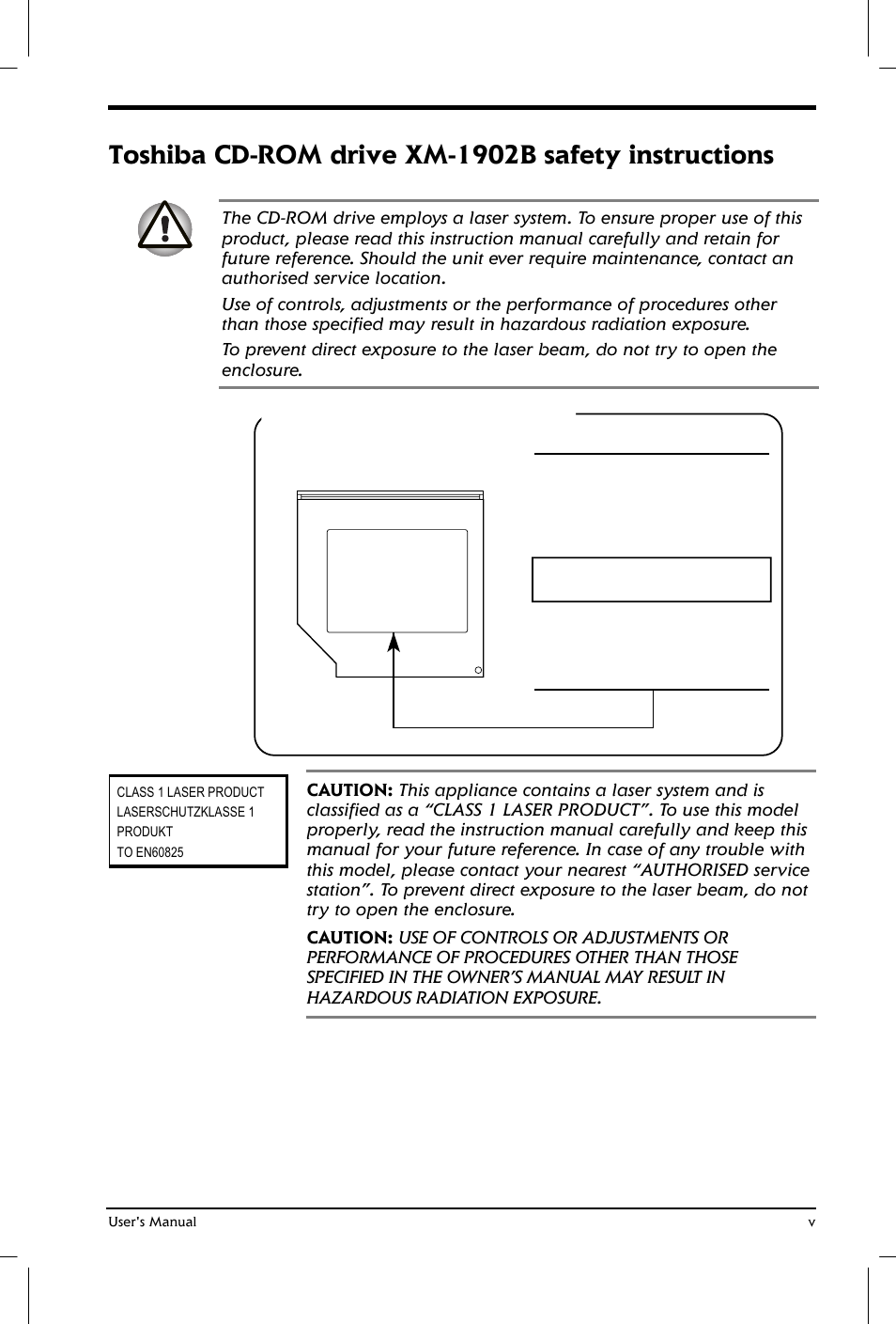 Toshiba cd-rom drive xm-1902b safety instructions | Toshiba Satellite 2650 User Manual | Page 5 / 208
