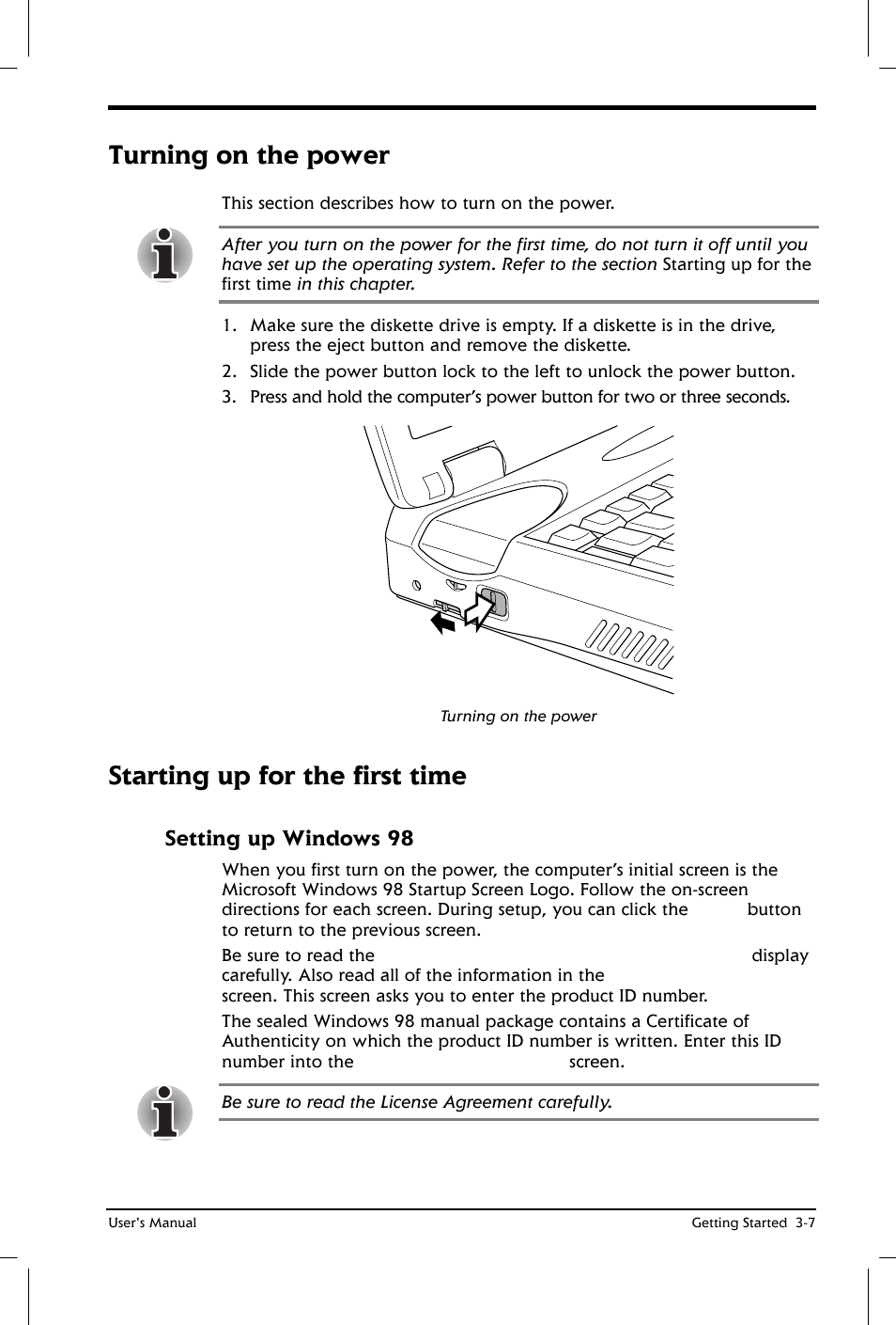 Turning on the power, Starting up for the first time, Setting up windows 98 | Toshiba Satellite 2650 User Manual | Page 50 / 208