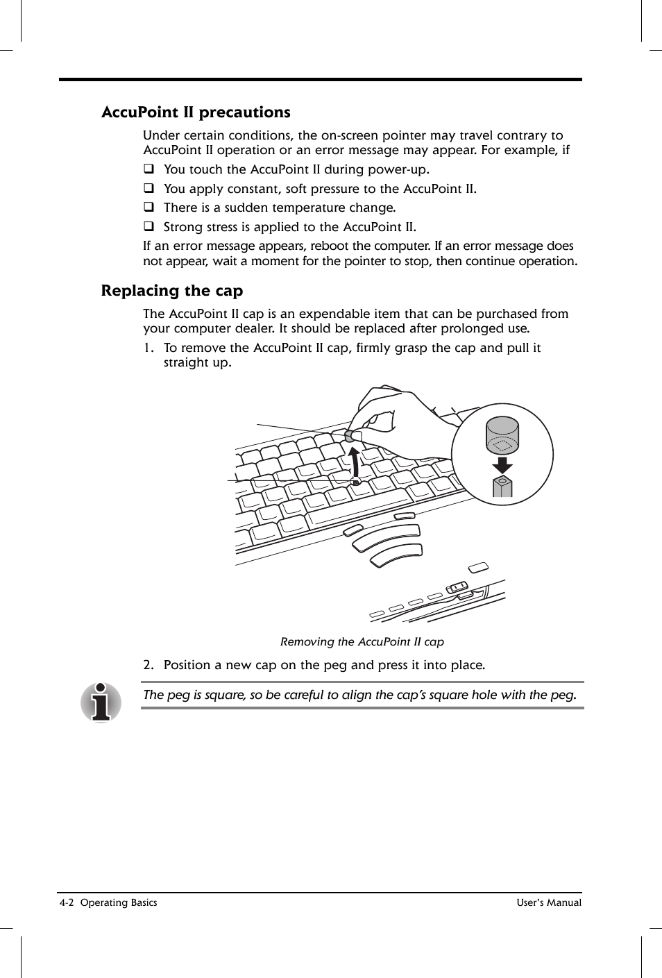 Accupoint ii precautions, Replacing the cap | Toshiba Satellite 2650 User Manual | Page 57 / 208