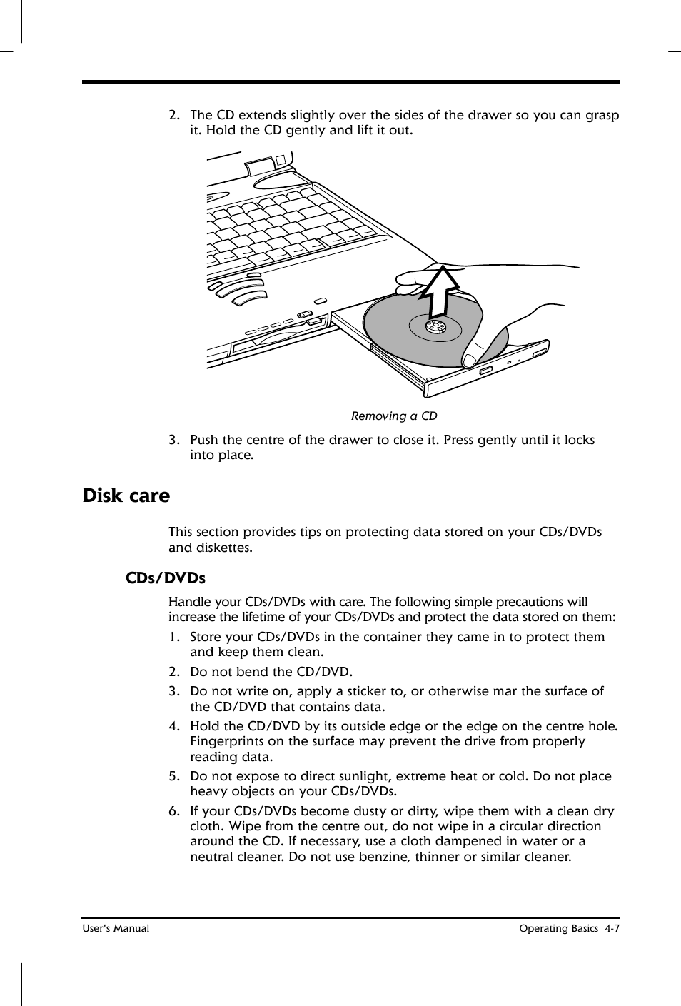 Disk care, Cds/dvds | Toshiba Satellite 2650 User Manual | Page 62 / 208