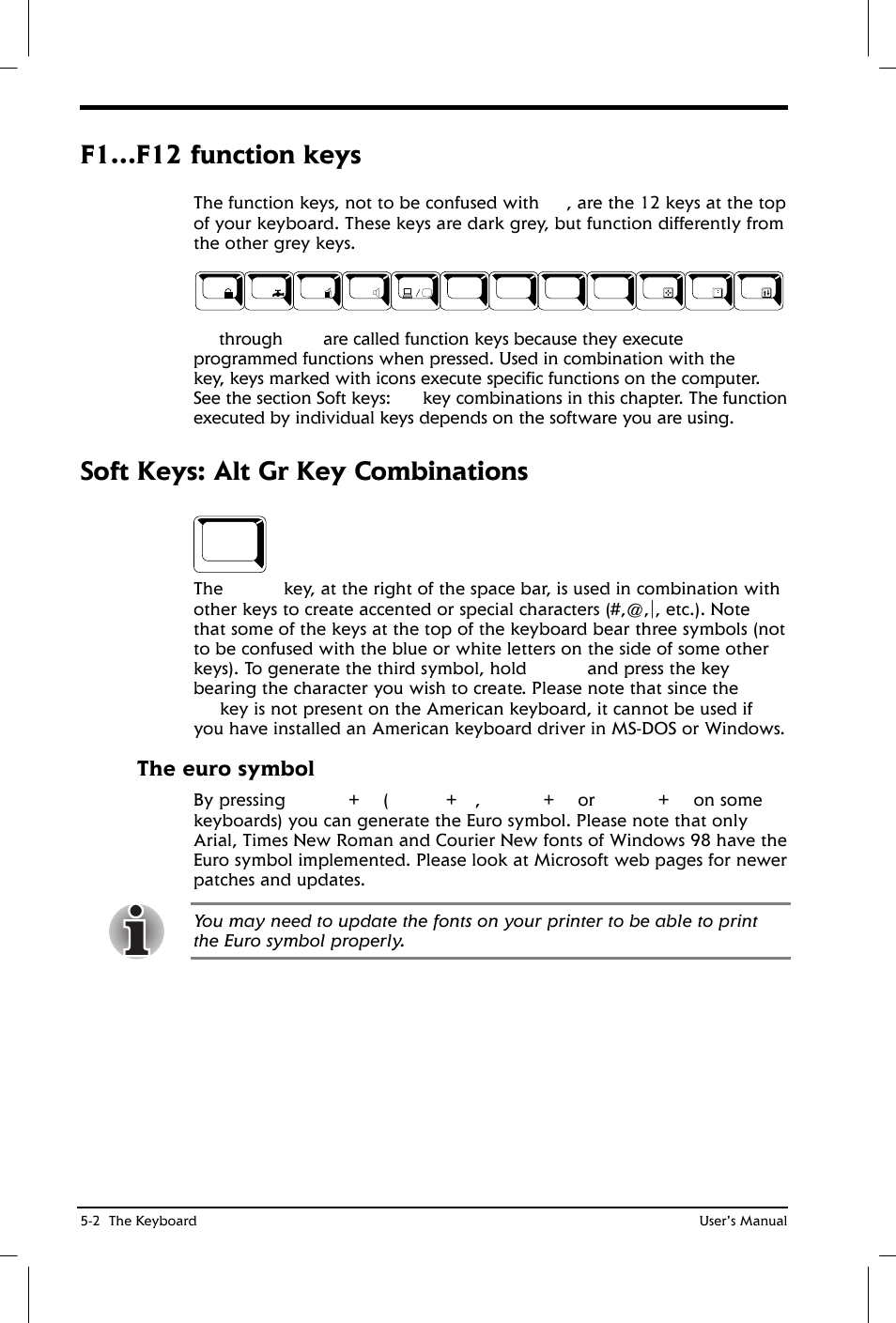 F1…f12 function keys, Soft keys: alt gr key combinations, The euro symbol | Toshiba Satellite 2650 User Manual | Page 67 / 208