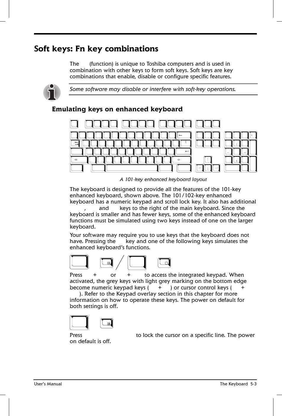 Soft keys: fn key combinations, Emulating keys on enhanced keyboard, A 101-key enhanced keyboard layout | User's manual the keyboard 5-3 | Toshiba Satellite 2650 User Manual | Page 68 / 208