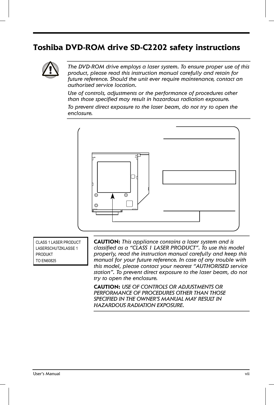 Toshiba dvd-rom drive sd-c2202 safety instructions | Toshiba Satellite 2650 User Manual | Page 7 / 208