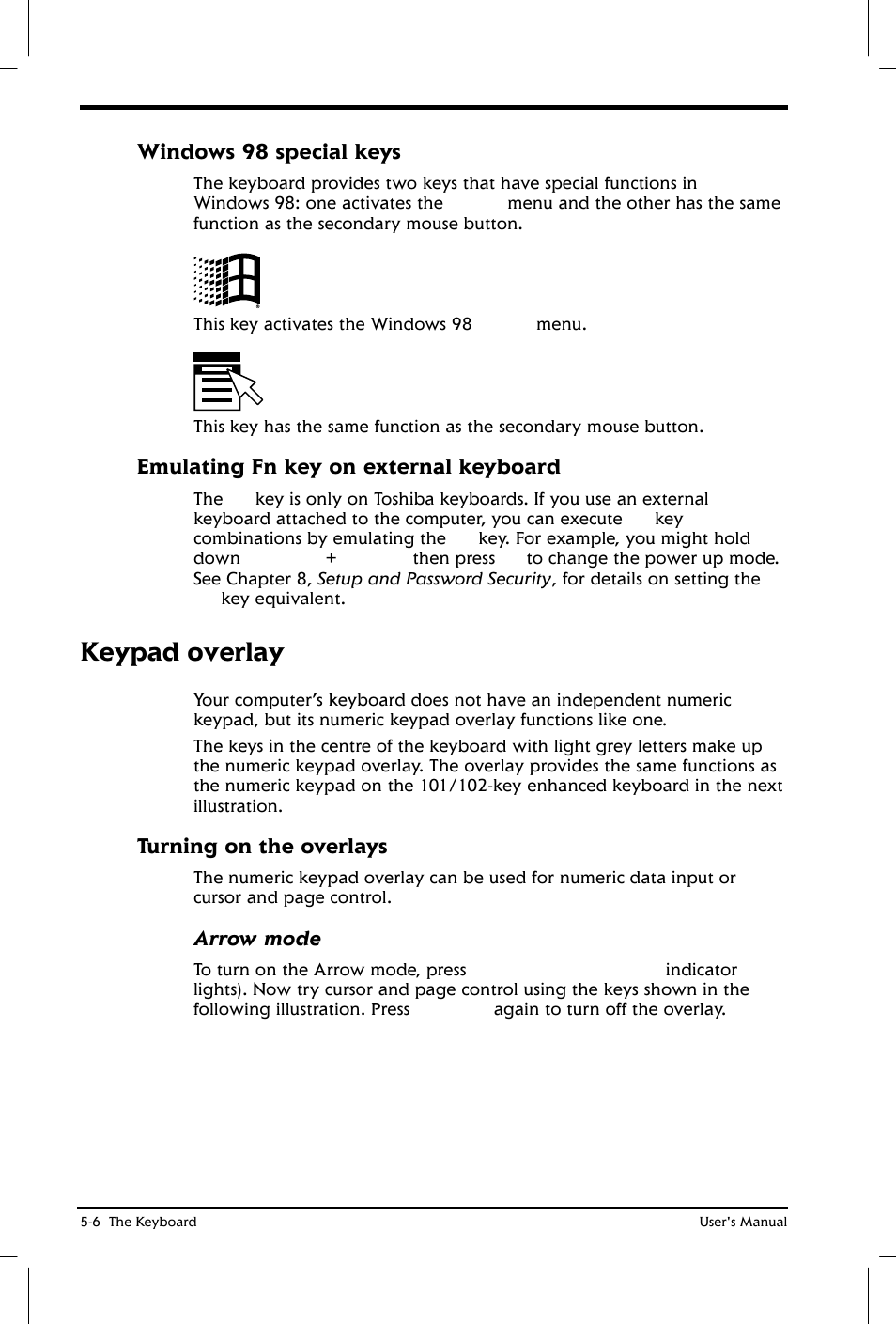 Keypad overlay, Windows 98 special keys, Emulating fn key on external keyboard | Turning on the overlays | Toshiba Satellite 2650 User Manual | Page 71 / 208