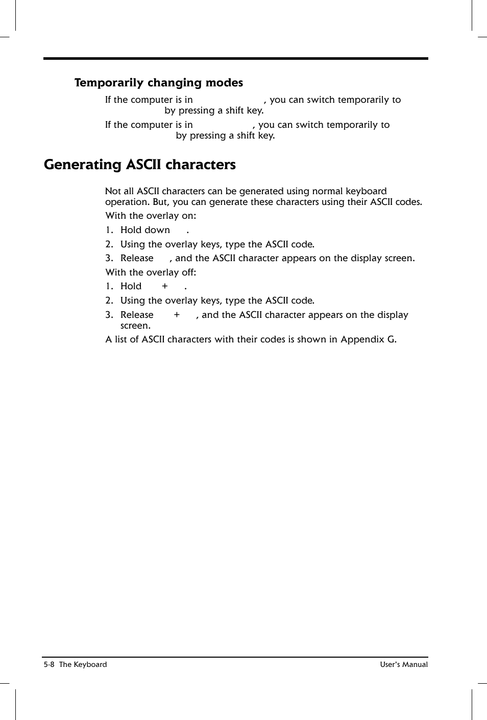 Generating ascii characters, Temporarily changing modes | Toshiba Satellite 2650 User Manual | Page 73 / 208