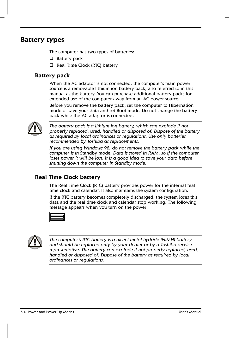 Battery types, Battery pack, Real time clock battery | Toshiba Satellite 2650 User Manual | Page 77 / 208