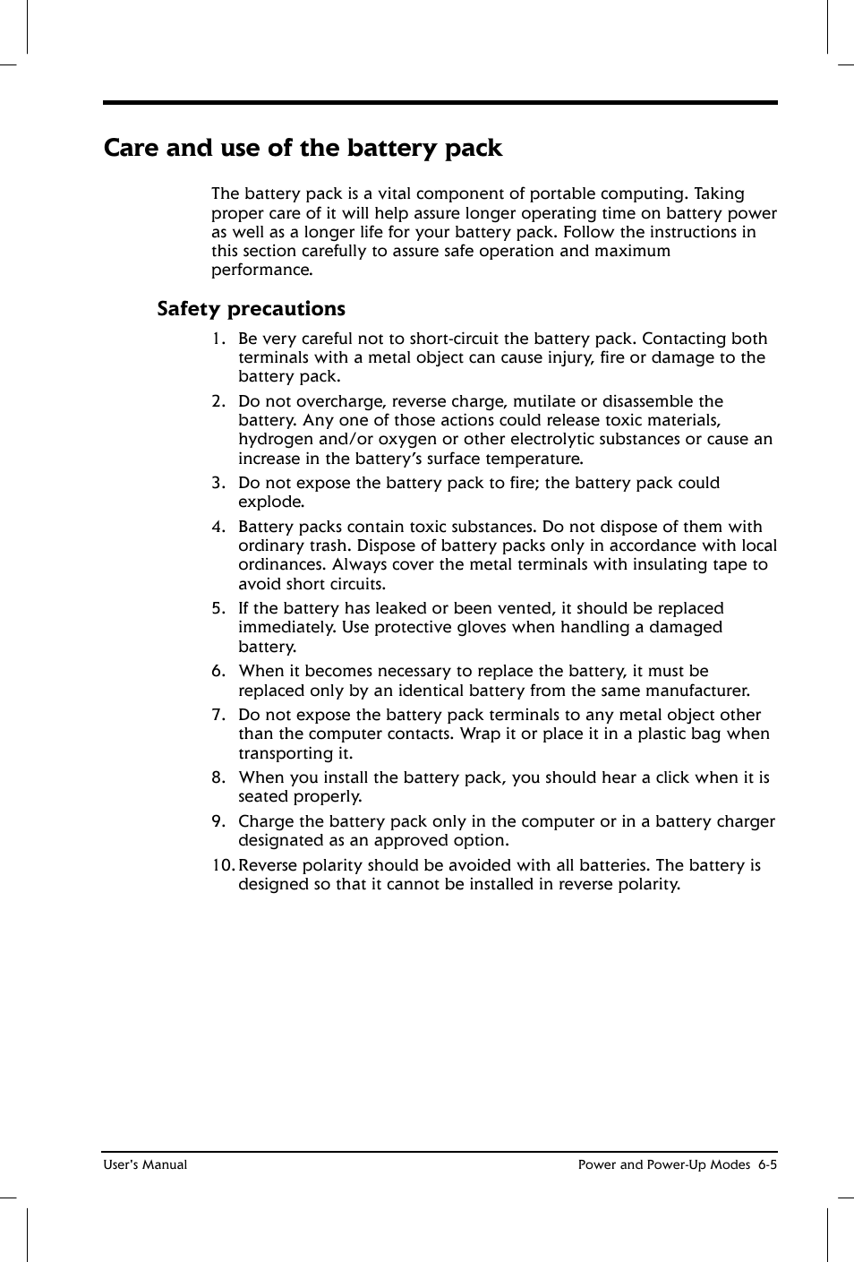 Care and use of the battery pack, Safety precautions | Toshiba Satellite 2650 User Manual | Page 78 / 208