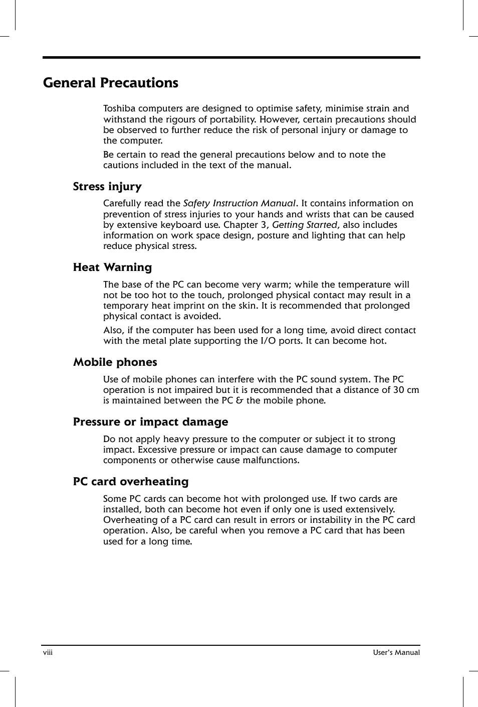 General precautions | Toshiba Satellite 2650 User Manual | Page 8 / 208