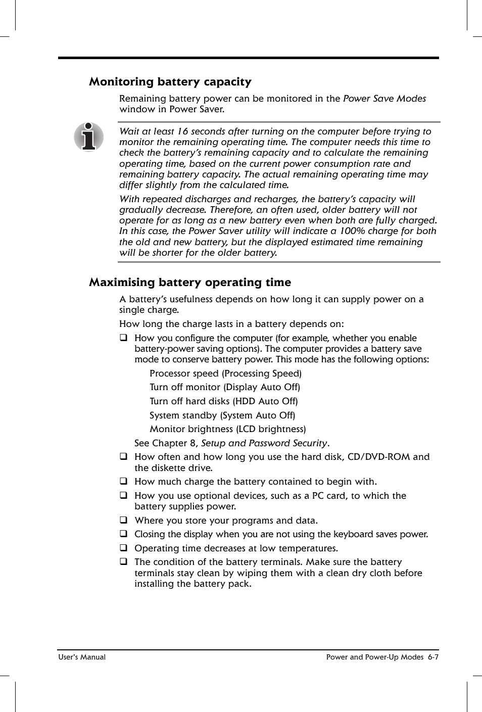 Monitoring battery capacity, Maximising battery operating time | Toshiba Satellite 2650 User Manual | Page 80 / 208