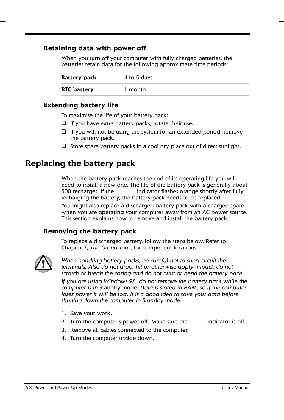 Replacing the battery pack, Retaining data with power off, Extending battery life | Removing the battery pack | Toshiba Satellite 2650 User Manual | Page 81 / 208