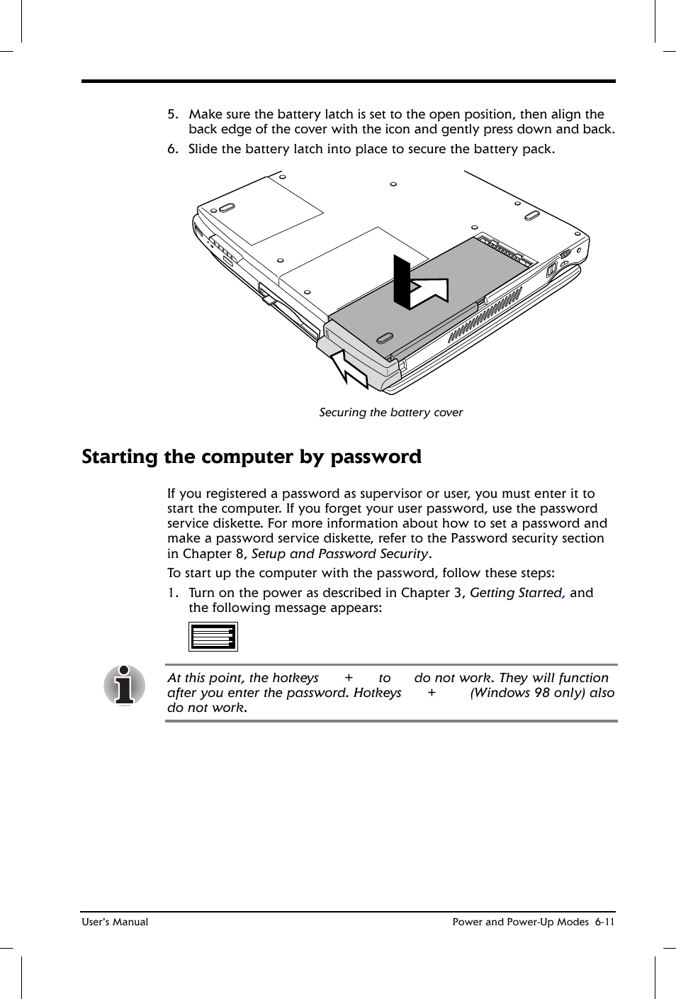 Starting the computer by password | Toshiba Satellite 2650 User Manual | Page 84 / 208