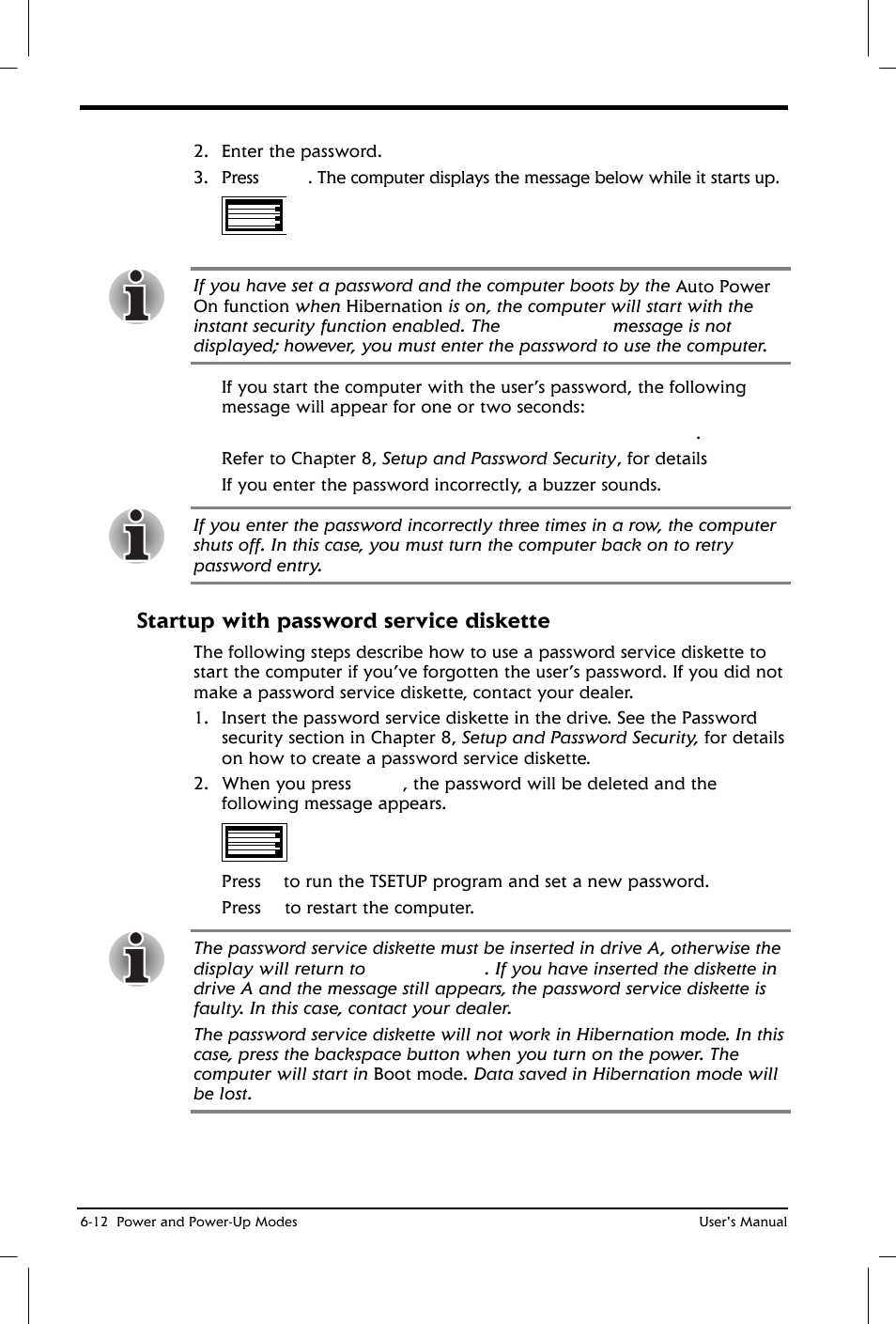 Startup with password service diskette | Toshiba Satellite 2650 User Manual | Page 85 / 208