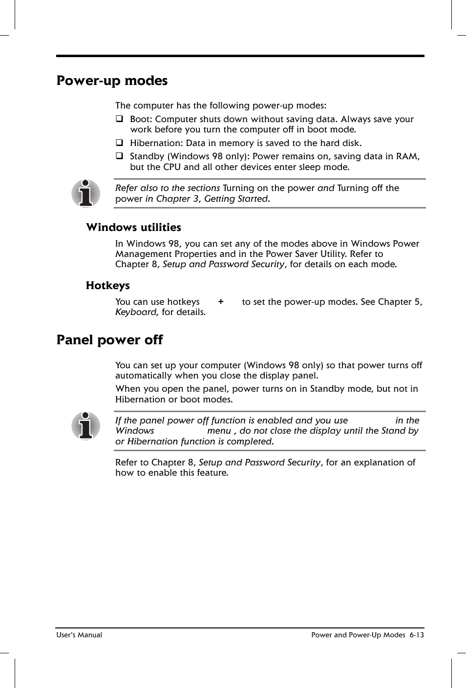 Power-up modes, Panel power off, Windows utilities | Hotkeys | Toshiba Satellite 2650 User Manual | Page 86 / 208